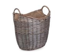 Red Hamper Small Scoop Neck Antique Wash Hessian Lined Wicker Log Basket, Brown, H34 x W25 x D30cm