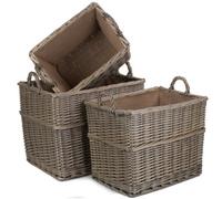 Red Hamper St062-064 Wicker Set Of 3 Rectangular Hessian Lined Log Storage Basket