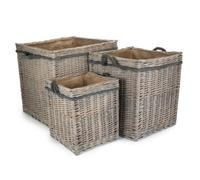 Red Hamper St085 Set Of 3 Wicker Grey Wash Square Hessian Lined Log Basket