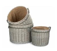Red Hamper St087 Set Of 3 Wicker Grey Wash Round Hessian Lined Log Basket