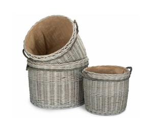 Red Hamper St087 Set Of 3 Wicker Grey Wash Round Hessian Lined Log Basket