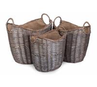 Red Hamper W061-063 Wicker Set Of 3 Scoop Neck Antique Wash Hessian Lined Log Basket