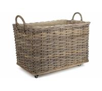 Red Hamper Wheeled Hessian Lined Rattan Log Basket - Brown - Large
