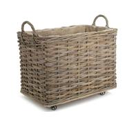 Rattan Small Wheeled Rattan Hessian Lined Log Basket Red Hamper Brown One Size