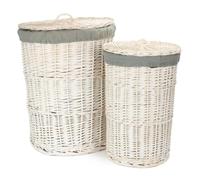 Red Hamper White Wash Wicker Laundry Hamper Set, 2 Pieces with Grey Sage Lining, Round Design, 33x50cm and 46x60cm