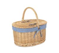 Red Hamper Wicker Blue Check Lining Oval Picnic Basket in Brown Red Hamper Brown