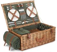 Red Hamper Wicker Deluxe 4 Person Green Tweed Picnic Basket -