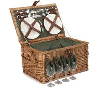 Red Hamper FH138 Wicker Four Person Green Tweed Chest Wicker Picnic Basket