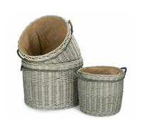 Red Hamper Wicker Grey Wash Round Hessian Lined Log Basket - Grey - Set of 3