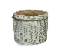 Red Hamper Wicker Grey Wash Round Hessian Lined Log Basket - Grey - Small