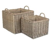 Red Hamper Wicker Set of 2 Antique Wash Square Hessian Lined Log Basket in Grey Red Hamper Grey