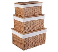 Red Hamper Set of 3 Light Steamed Cotton Lined Wicker Storage Basket, Leather, Brown, 35 x 47 x 27 cm