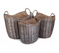 Red Hamper Wicker Set of 3 Scoop Neck Antique Wash Hessian Lined Log Basket in Brown Red Hamper Brown