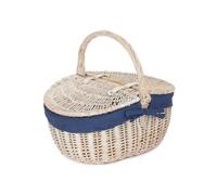 Red Hamper Wicker White Wash Finish Oval lined Picnic Basket in Navy Red Hamper Navy