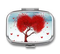 Red Hart with Tree Pill Box 2 Compartments Portable Travel Pill Case Mini Medicine Organizer for Pocket Purse Metal Waterproof Medicine Container Holder Vitamin Fish Oil
