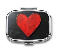 Red Heart Black Pill Case Box with 2 Compartment Medicine Vitamin Organizer for Purse Pocket 5.5x4cm