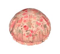 Red Heart Flowers Printed shower cap, reusable, specially designed for women's long hair, double-layer structure, suitable for bathing.