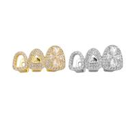 Red Heart Gem Iced Out Top Hip Hop Grillz -18K Gold Silver Plated, Clear CZ Paved with Hollow Design Rapper Party and Cosplay(Three teeth)