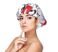 Red Heart Lips and Love Print Adult's Satin Sleeping Cap, Maintain Hairstyle, and Ensure Comfortable Sleep, 13 inches Black, Black, One size