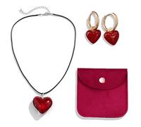 Red Heart Necklace and Earrings Set With Velvet Pouch, Glass Pendant, Fashionable Collarbone Chain for Anniversary, Birthday, Valentine's Gift