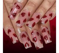 Red Heart Presses On Nails Mediums Coffin Styles 24PCS Glossy Finish Party Date Essential Valentines Red Glitters Press On Nail