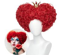 Red Heart Queen Wig Costume Women and Crown Cosplay Girls Pre-styled Fluffy Short Curly Halloween Anime Cosplay Party Wigs with Cap One Size