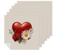 Red Heart Rose And White Daisies Vintage Cloth Napkins Set of 6, Square Premium Reusable Washable Polyester Table Linen Napkin for Dinner Party