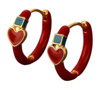 Red Heart-Shaped Drop Earrings With Square Blue And Gold Edging, Copper Metal Design For Women