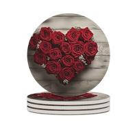 Red Heart-Shaped Roses Drink Coasters with Holder for Coffee Table,Ceramic Coaster with Cork Base,Ceramic Stone Coaster for Iced Cold Or Hot Drinks,4.1 Inches