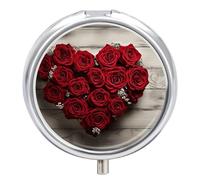 Red Heart-Shaped Roses Pill Box 3 Compartment Round Small Pill Box for Pocket Purse Metal Travel Pill Case Portable Daily Pill Organizer Cute Compact Medicine Organizer Mini Pill Container