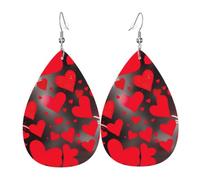 Red Hearts Firework Print Leather Dangle Earrings Lightweight