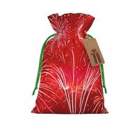 (Red Hearts Firework) Printed Christmas S Size Gift Bags with Green Ribbon Drawstring Candy Bags for Kids Xmas Holiday Christmas Eve Presents