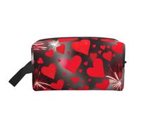 Red Hearts Firework Printed Toiletry Storage Bag, Large Capacity Organizer Pouch for Power Bank and Cables Use
