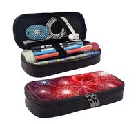 Red Hearts Fireworks Leather Pencil Case for Girls Boys,Personalised Print Large Stationery Pencil Case with Compartments.