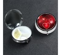 Red Hearts Fireworks Pill Box with Mirror 3 Compartment Decorative Pill Case for Purse or Pocket Small Round Pill Organizer Weekly Metal Medicine Tablet Vitamin Holder Travel Gift