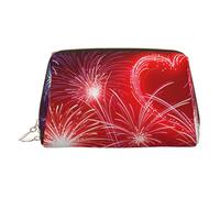 Red Hearts Fireworks Print Makeup Bag, Cosmetic Bag,Women Pu Leather Cosmetic Bags with Wrist Strap Travel Toiletry Pouch Makeup Bag