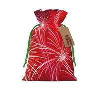 Red Hearts Fireworks Printed Christmas Drawstring Bags with Green Christmas Ribbon - Reusable Burlap Drawstring Gift Pouches, M