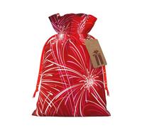 Red Hearts Fireworks Printed Christmas Drawstring Bags with Red Christmas Ribbon - Reusable Burlap Drawstring Gift Pouches, S