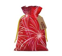 Red Hearts Fireworks Printed Christmas Drawstring Bags with Yellow Christmas Ribbon - Reusable Burlap Drawstring Gift Pouches, M