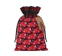 Red Hearts Fireworks Printing Color Matching Plaid Drawstring Christmas Bag With Kraft Tag 4.7x6.9 In For Halloween