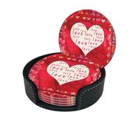 Red Hearts Love Print Coasters For Drinks With Holder Set Of 6, Pu Leather Coasters Drink Coasters Cup Pad Mats