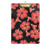 Red Hibiscus Flower Black Acrylic Clipboard Cute Clip Board A4 Standard Size Clip Board with Low Profile Metal Clip for Nurses Teachers Coaches