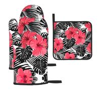 Red Hibiscus Print Oven Mitts And Pot Holders 3pcs Set,Heat Resistant 500°f Kitchen Gloves For Cooking Baking