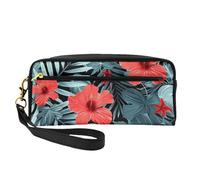 Red Hibiscus Printed Leather Makeup Bags with Wrist Strap Portable Travel Toiletry Bag Cosmetic Organizer Bag for Women