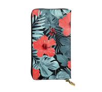 Red Hibiscus Printed Leather Wallet with 12 Card Holder and 318 Money Clip, Long Clutch for Men Women
