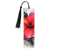 Red Hibiscus Wood Bookmarks 5 Pack Handmade Double Sided Printed Page Markers with Black Tassels Book Accessories Gift for Book Lovers Women and
