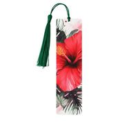 Red Hibiscus Wooden Bookmarks 5 Pcs,Handmade Double-Sided Printed Book Marks Page Markers with Dark Green Tassels Book Accessories Gift for Book Lovers Women Men