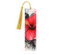 Red Hibiscus Wooden Bookmarks 5 Pcs,Handmade Double-Sided Printed Book Marks Page Markers with Gold Tassels Book Accessories Gift for Book Lovers Women Men
