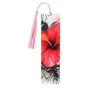 Red Hibiscus Wooden Bookmarks 5 Pcs,Handmade Double-Sided Printed Book Marks Page Markers with Pink Tassels Book Accessories Gift for Book Lovers Women Men