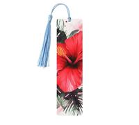 Red Hibiscus Wooden Bookmarks 5 Pcs,Handmade Double-Sided Printed Book Marks Page Markers with Sky Blue Tassels Book Accessories Gift for Book Lovers Women Men